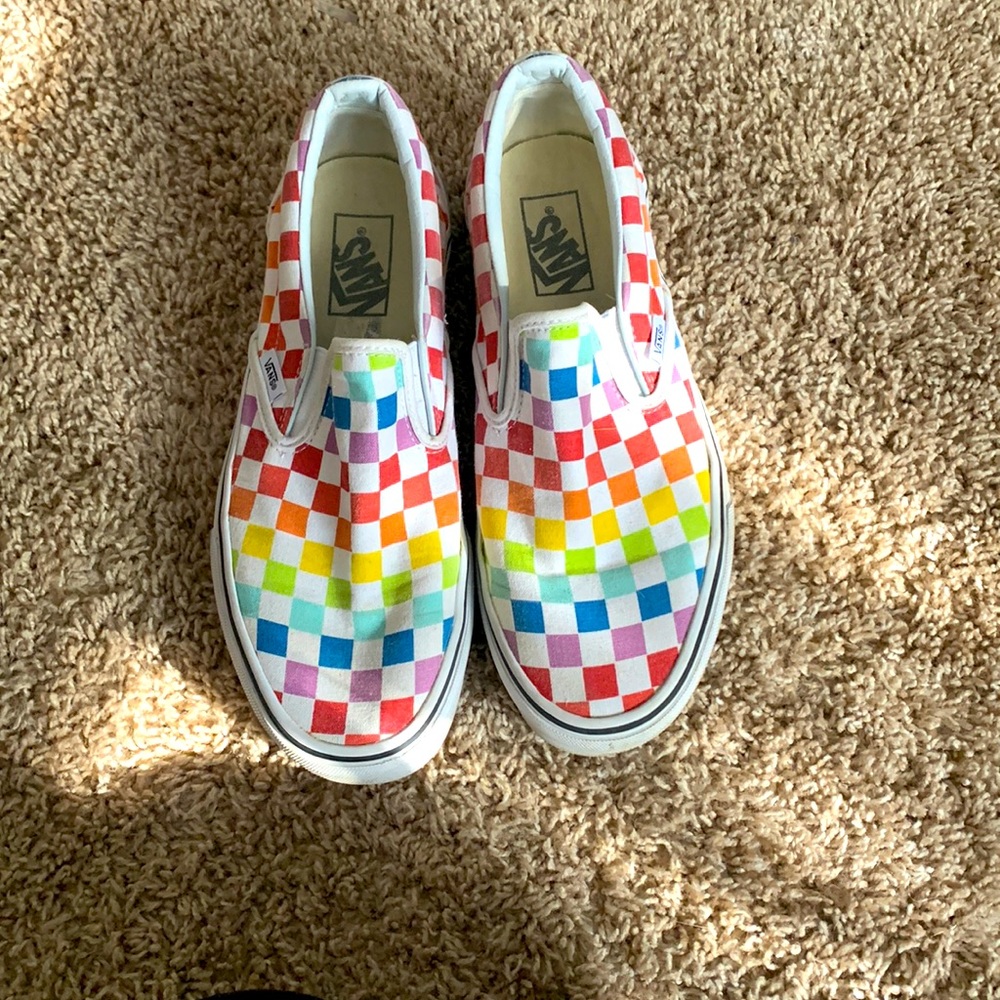 Rainbow Checkered Vans With Painted Flowers on Bottom